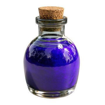 Purple liquid potion in a glass bottle for fantasy design projects isolated on transparent background
