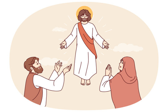 Second coming of Jesus from christian religion makes believers pray, watch flight of god. Praying young man and woman see Jesus , through reading bible and going to catholic church