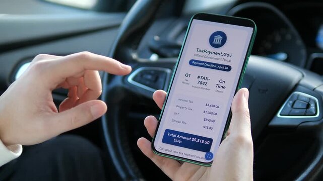 Paying taxes from your car. User-friendly mobile app for official government tax payments. High-impact visual of modern financial management and digital convenience. Ideal for bank and tax software