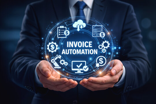 Invoice automation concept with businessman holding digital circle of icons for billing payment processing cloud accounting and invoice workflow optimization for finance teams
