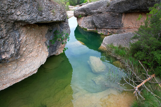 Aerial view of Les Olles d'Horta de Sant Joan (natural limestone pools). Horta de Sant Joan, Tarragona, Spain.