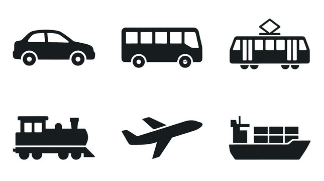Transportation icon set with car bus tram train plane and ship