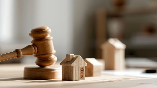 Wooden house with sold sign beside auction gavel, representing foreclosure auction, lender repossession, debt settlement and transfer of ownership after court proceedings