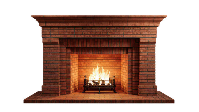 Brick fireplace with burning fire and metal grate