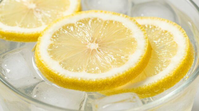 Lemon water with ice in glass, lemon slices