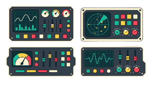 Retro control panel set with gauges, buttons, sliders and screens