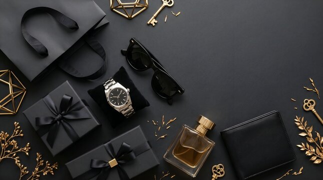 Gift items wallet watch and sunglasses on black background