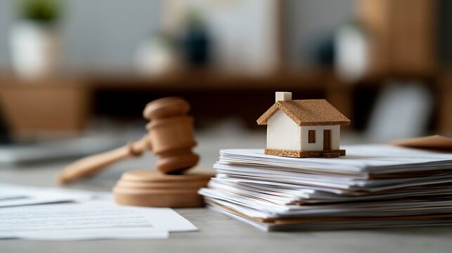 House model on stacked legal documents with auction gavel, representing foreclosure paperwork, mortgage default, property transfer and court ordered real estate sale