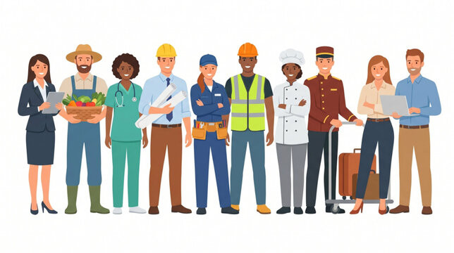 Diverse professionals standing together for various labor career paths and industries concept