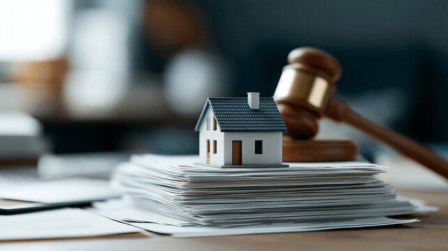 House model on document stack with auction gavel in background, representing foreclosure auction, lender repossession, debt collection and court ordered property sale