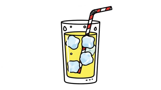2D illustration of a glass of cold yellow juice with ice cubes and a striped straw shaking slightly