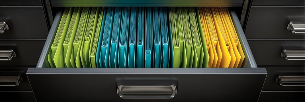 Open filing cabinet drawer filled with organized colorful hanging folders for efficient document management and systematic record keeping in a modern professional office space
