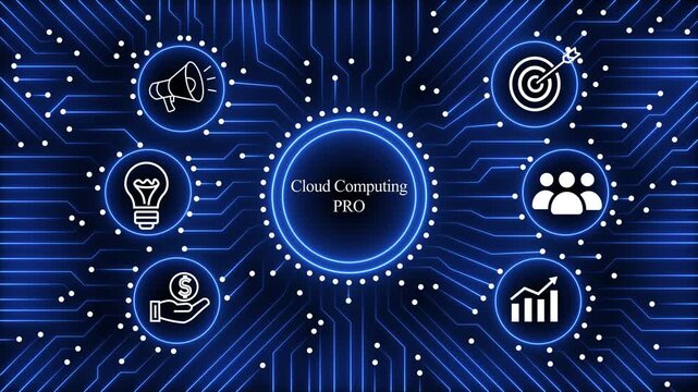 Cloud computing pro circuit board animation with business icons providing a dynamic visual representation of technological advancement.