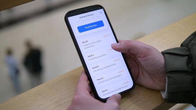Person reading glowing five-star customer reviews on a mobile app before making a purchase. Trustworthy feedback guides user decisions. Ideal for e-commerce, social proof, and consumer behavior stock