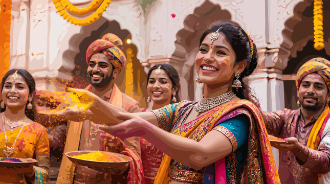 A group of joyful Indian people celebrating Holi festival with vibrant colored powders and traditional attire in a decorated courtyard.