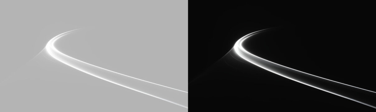 Abstract monochrome curved highway track on grey and black background, horizontal futuristic perspective light wave overlay