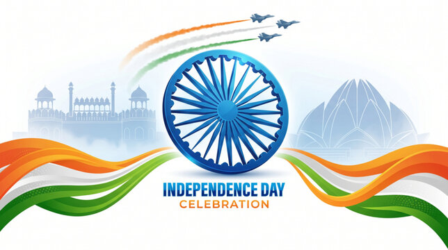 Indian Independence Day Celebration Banner with Ashoka Chakra and National Flag Inspired Wavy Tricolor Graphics