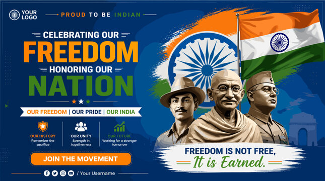 Vibrant Indian Independence Day banner celebrating freedom and nation, featuring the national flag, Ashoka Chakra, and busts of freedom fighters like Gandhi.