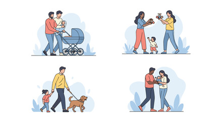 Fototapeta premium Set of family activity illustrations showing parents with strollers, playing with children, walking a dog, and holding a baby in a park.