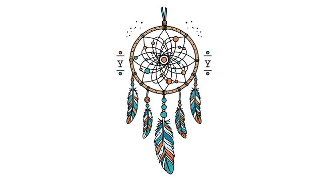 Traditional native american dreamcatcher illustration featuring an intricate web design adorned with various beads and colorful feathers in teal and orange.