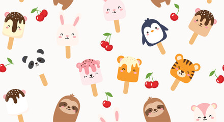 Obraz premium Cheerful repeat pattern featuring cute animal faces on ice cream bars including pandas, rabbits, penguins, and sloths mixed with small red cherry clusters.