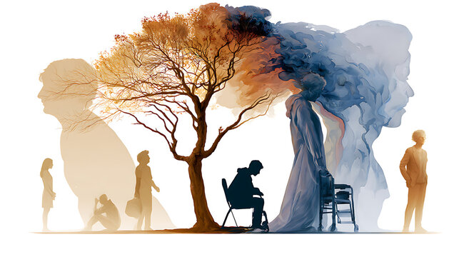 Struggles and resilience faced by people with alzheimer's disease and multiple sclerosis in various life stages. The artwork shows different figures representing people with alzheimer's disease and mu