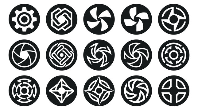 Set of fifteen abstract circular geometric icons and mechanical gear symbols.