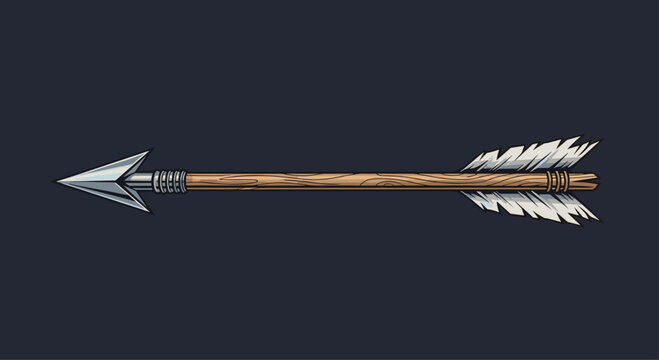 Traditional ancient-style arrow featuring a sharp metallic arrowhead, wooden shaft, and feathered fletching on a dark background.