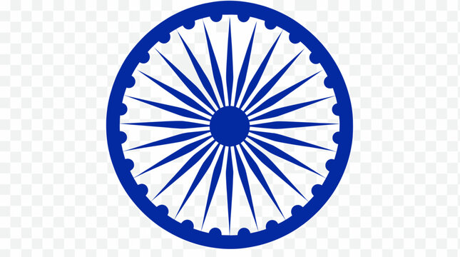 A vibrant blue Ashoka Chakra, a symbol of dharma and progress, with 24 spokes, on a transparent background.