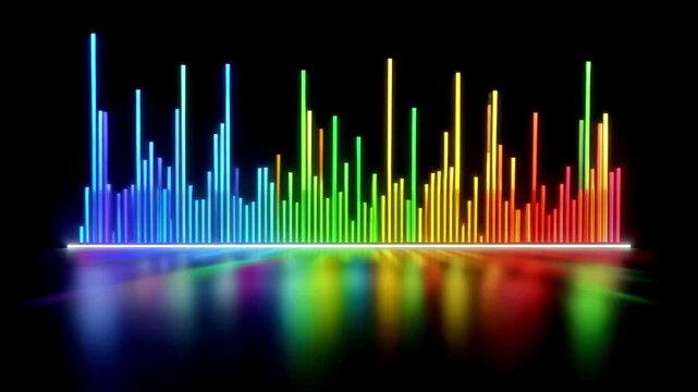 Digital sound waves moving across a black background, futuristic audio visualization featuring dynamic frequencies, music technology, glowing waveforms and modern motion graphics
