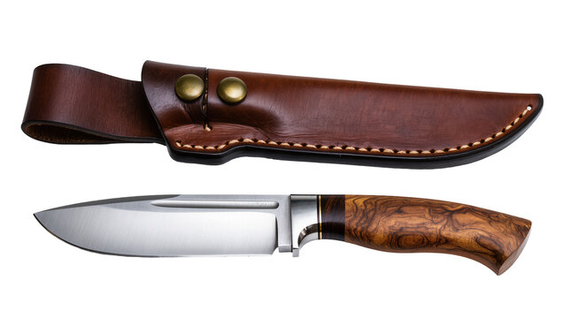 Hunting knife with polished steel blade and wooden handle with leather sheath