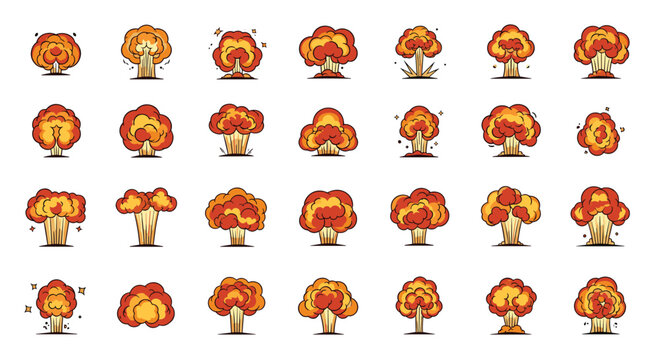 Dynamic sequence of animated frames showing a mushroom cloud explosion with intense fire and smoke for action game assets.