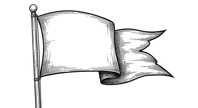 Detailed vintage-style sketch of a blank waving flag on a pole with intricate hatching and shading for a classic look.