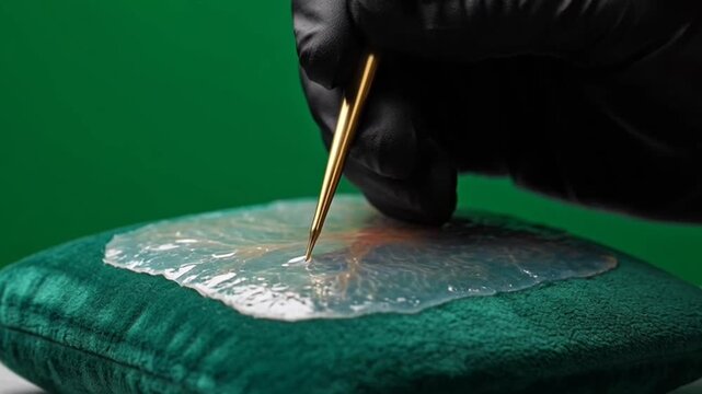 Gloved hand practicing cosmetic tattooing on synthetic skin pad close up.