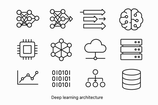 Deep Learning Icons. Deep learning architecture. Line outline icon set of Deep learning architecture: deep