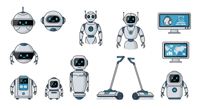 Diverse collection of cute robot characters and automated service machines is presented in a friendly cartoon style for technology sets.