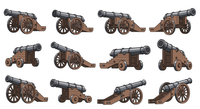 Historical wooden carriage cannon is shown from multiple perspectives in this detailed set of military equipment for heritage themes.