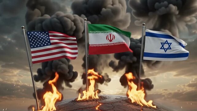 USA Iran and Israel flags standing on cracked burning earth for international war and destruction concept