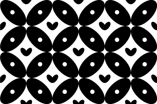 Seamless Batik Kawung with Heart Love Accent Pattern Vector, Traditional Indonesian Black and White Geometric Background Ornament