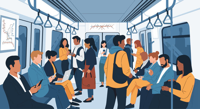 Interior of a crowded subway train carriage filled with diverse passengers commuting and using their digital devices.