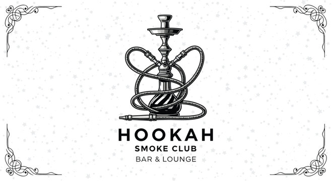 Vintage logo for a hookah smoke club and lounge featuring a detailed shisha pipe illustration with decorative borders.