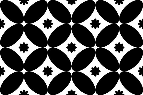 Minimalist black and white seamless vector pattern inspired by traditional Indonesian Batik Kawung geometric motifs