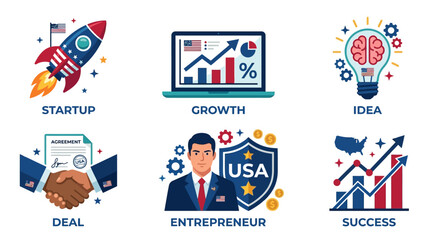 Fototapeta premium A vibrant infographic illustrates a successful American entrepreneur's growth and startup idea leading to a business deal and success.