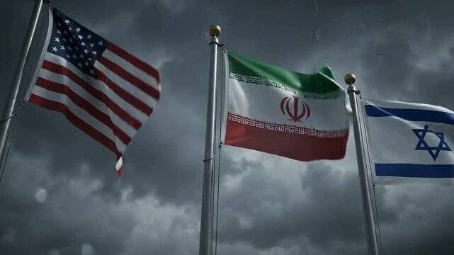 National flags of USA Iran and Israel under dark stormy sky with lightning for geopolitical conflict concept
