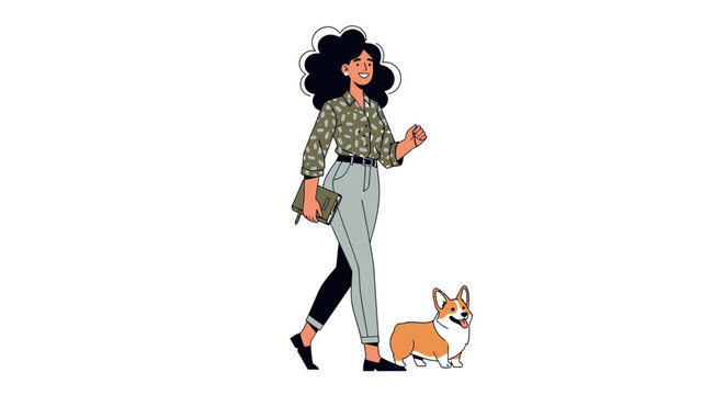 Woman walking her corgi dog outdoors in casual attire.