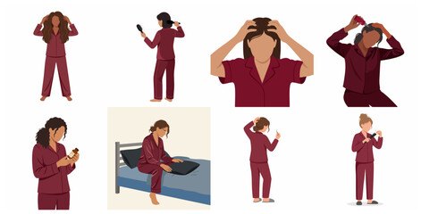 Set of illustrations of a woman dealing with hair loss and scalp care routine for alopecia treatment