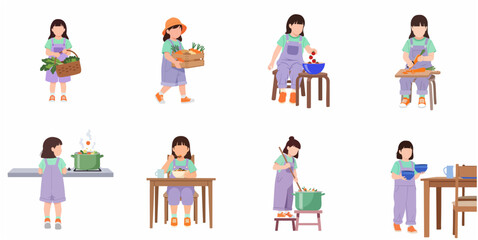 Fototapeta premium Little girl cooking and gardening set, flat vector illustration of farm to table activities from harvesting vegetables to preparing and eating healthy soup