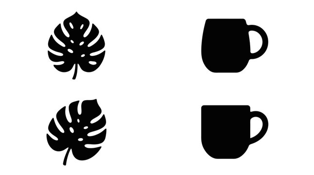 Black silhouette icons of tropical monstera leaves and ceramic coffee mugs.