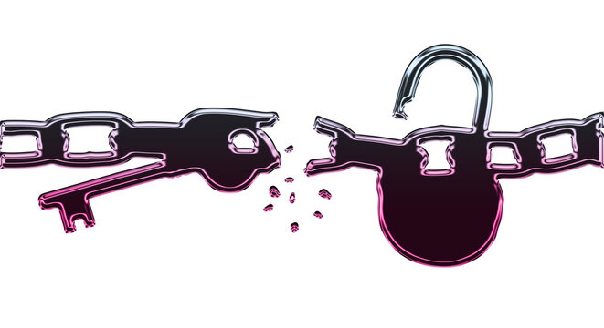 A broken chain with a key and padlock on a transparent background symbolizes freedom.