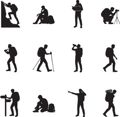 Fototapeta premium Collection of isolated hiking and outdoor adventure silhouettes with silhouette